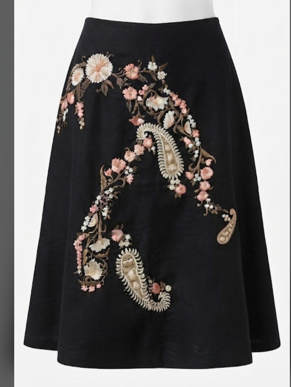 Anthropologie Odille Black Embroidered Floral Paisley Cotton Skirt Size 8